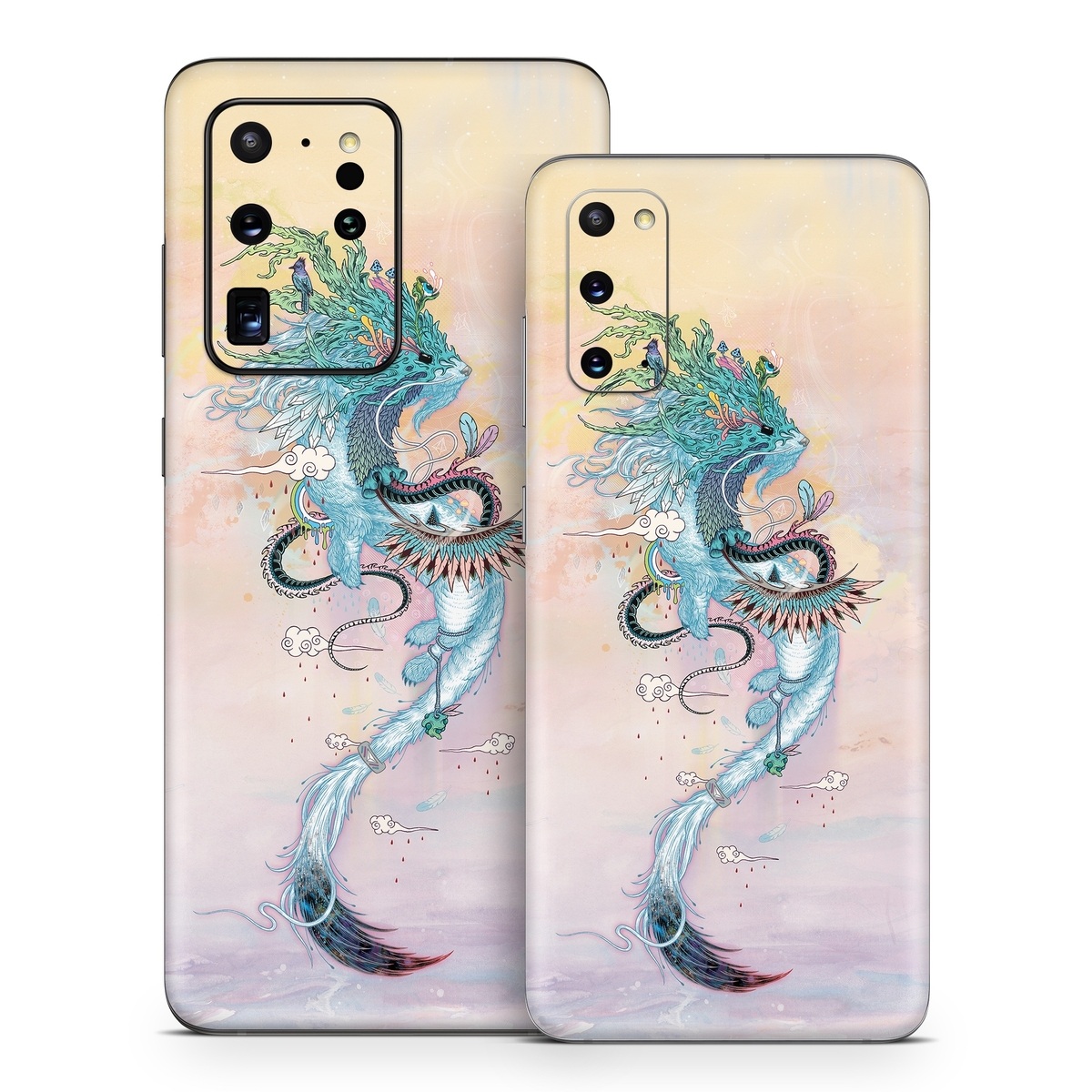 Samsung Galaxy S20 Series Skin design of Illustration, Water, Watercolor paint, Art, Fictional character, Graphic design, Mythology, Visual arts, Painting, Drawing, with yellow, pink, blue, green colors