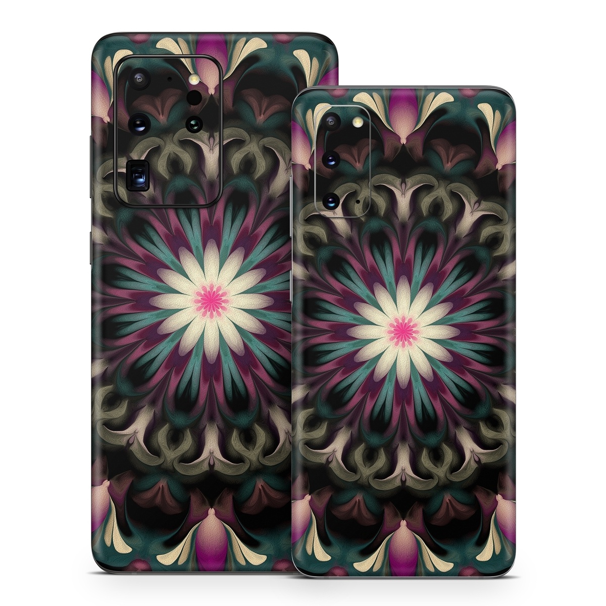 Samsung Galaxy S20 Series Skin design of Fractal art, Pattern, Pink, Psychedelic art, Art, Kaleidoscope, Design, Symmetry, Visual arts, Textile, with black, purple, white, green, blue colors