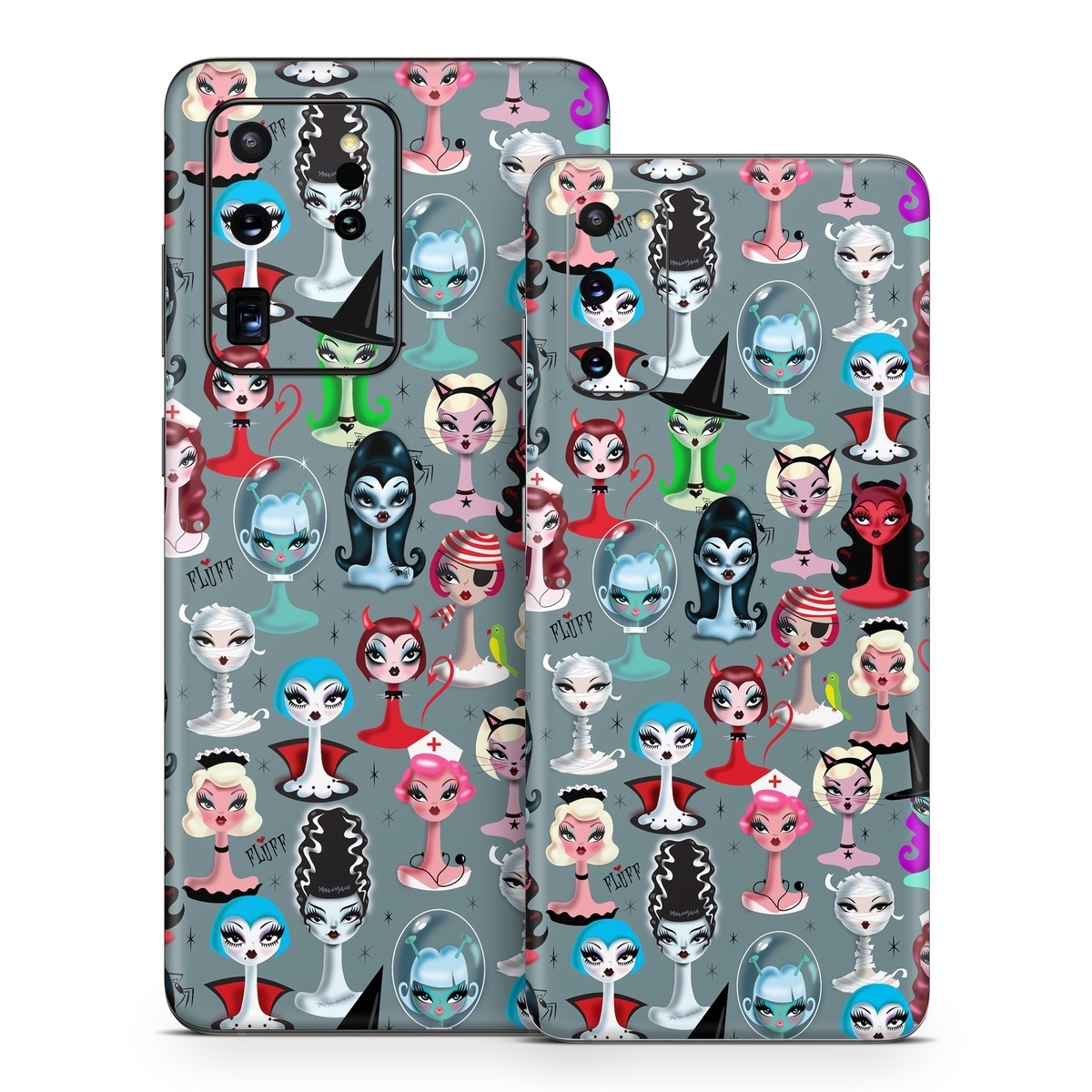 Samsung Galaxy S20 Series Skin design of Facial expression, Head, Design, Collection, Fictional character, Pattern, Skull, Illustration, Collage, Style, with gray, white, red, blue, green, black, pink, purple colors