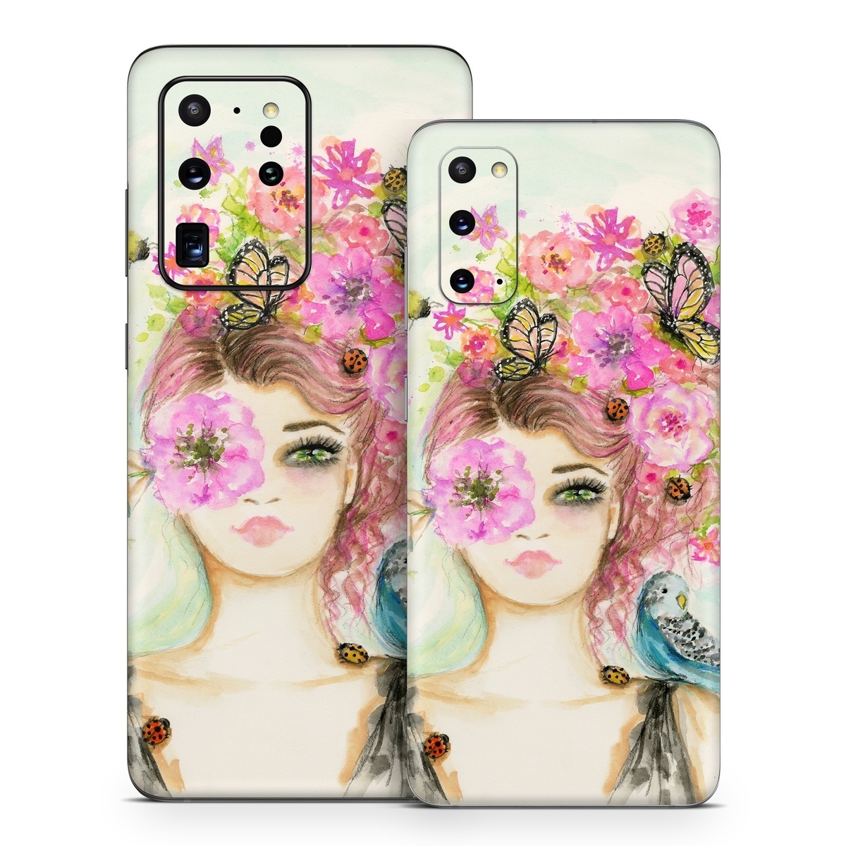 Samsung Galaxy S20 Series Skin design of Pink, Illustration, Fashion illustration, Watercolor paint, Fictional character, Dress, Hair accessory, Wildflower, Costume, Plant, with blue, pink, yellow, orange, purple, brown, green colors