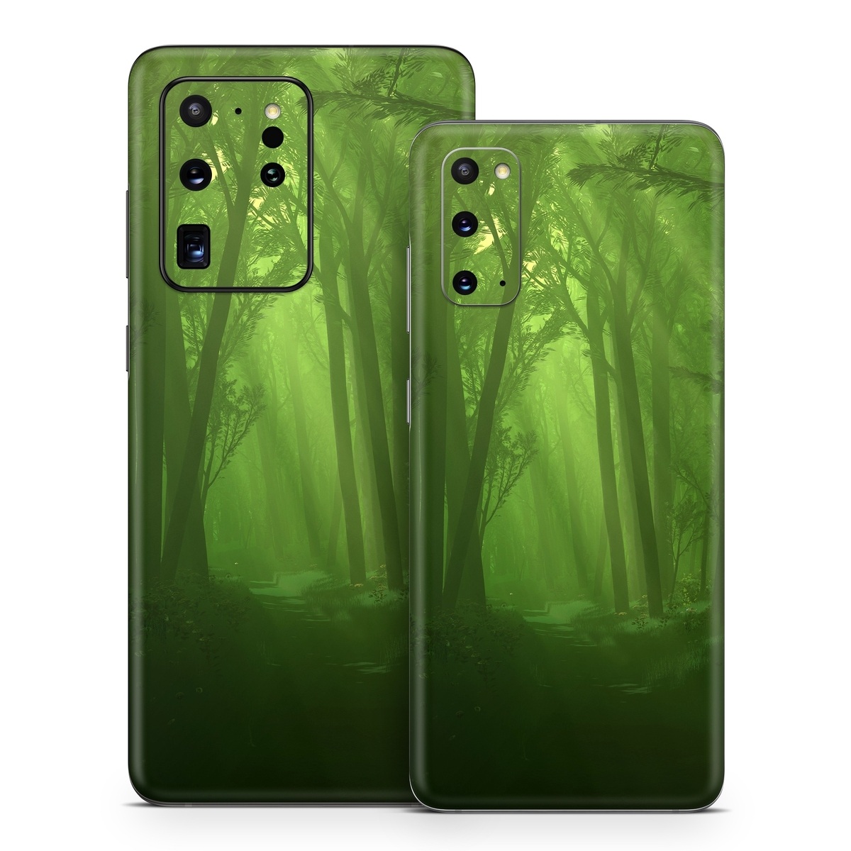 Samsung Galaxy S20 Series Skin design of Nature, Green, Forest, Old-growth forest, Woodland, Natural environment, Vegetation, Tree, Natural landscape, Atmospheric phenomenon, with black, green colors