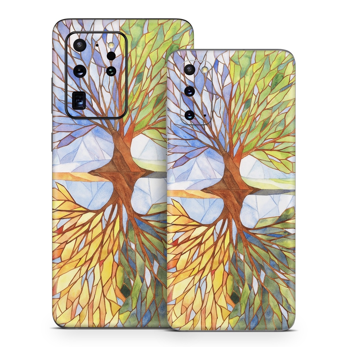 Samsung Galaxy S20 Series Skin design of Leaf, Tree, Botany, Plant, Symmetry, Art, Pattern, Painting, Plant stem, Plane, with blue, brown, orange, yellow, red, purple colors