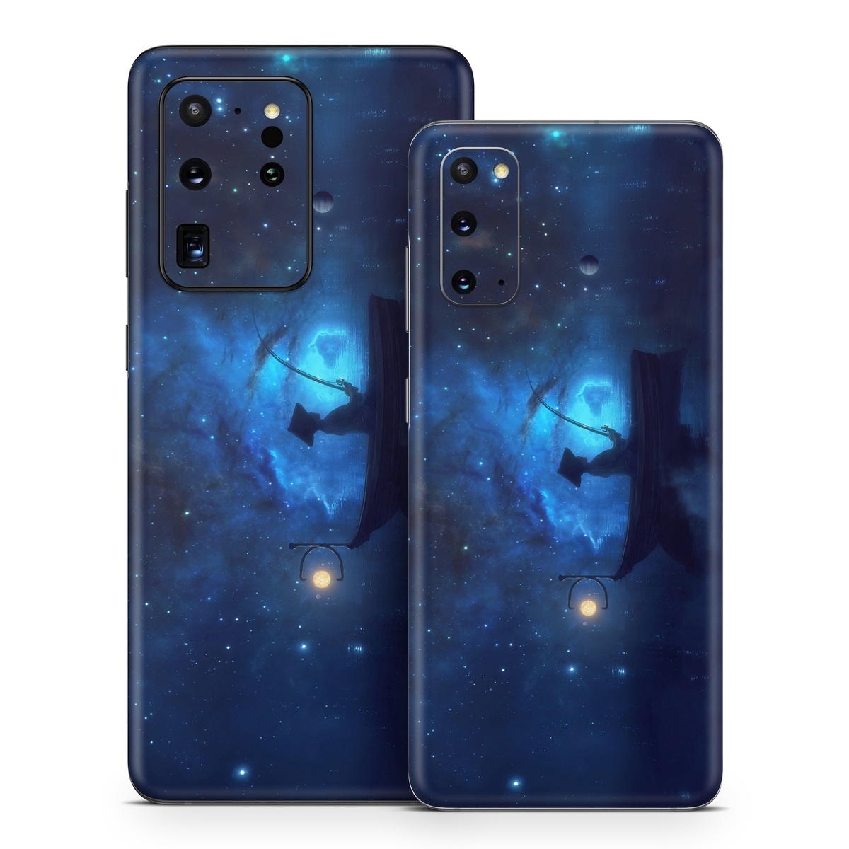 Samsung Galaxy S20 Series Skin design of Sky, Night, Atmosphere, Light, Atmospheric phenomenon, Darkness, Screenshot, Space, Midnight, Moonlight, with white, blue, black, green, orange colors