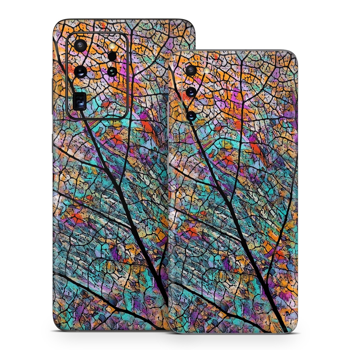 Samsung Galaxy S20 Series Skin design of Pattern, Colorfulness, Line, Branch, Tree, Leaf, Design, Visual arts, Glass, Plant, with black, gray, red, blue, green colors
