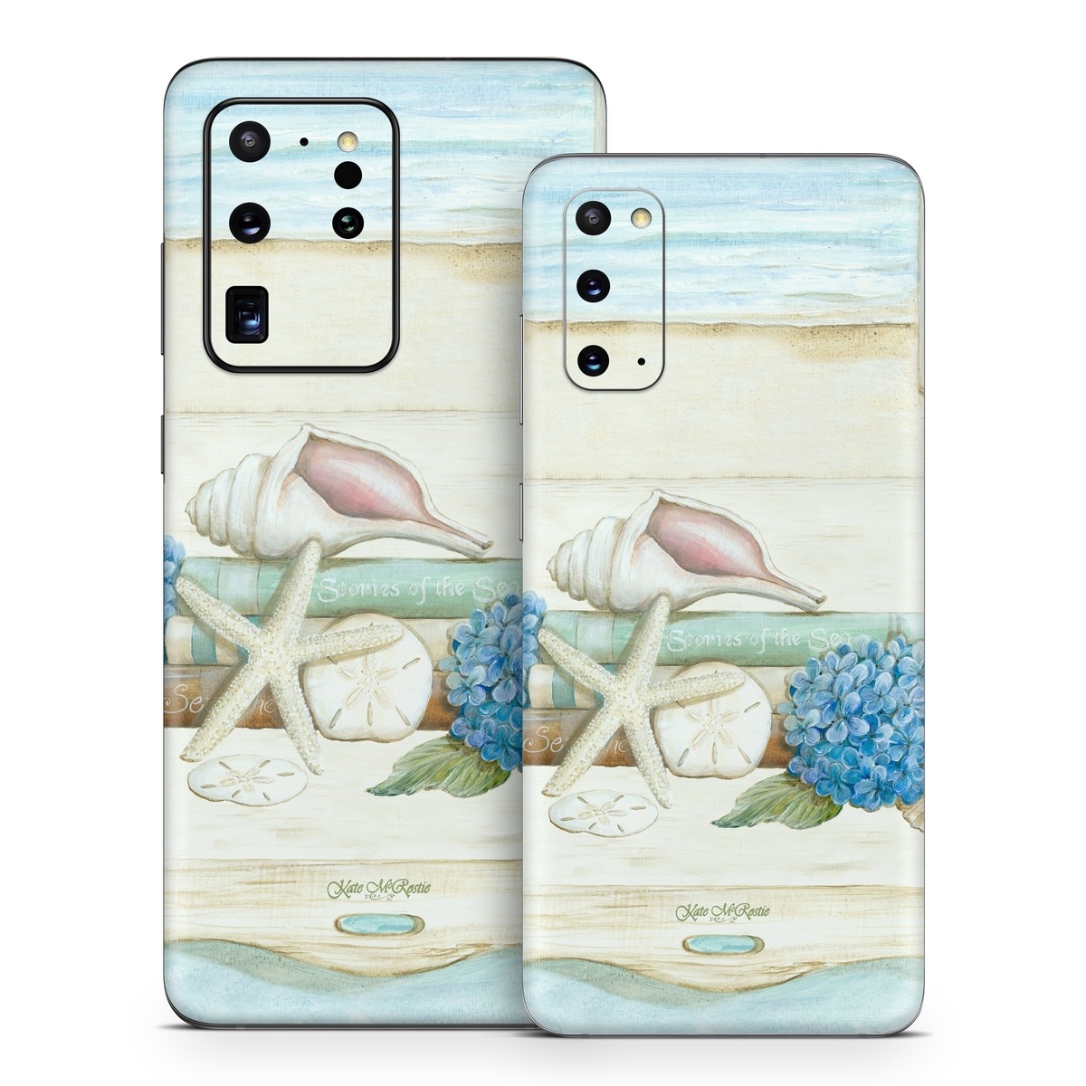 Samsung Galaxy S20 Series Skin design of Starfish, Shell, Hydrangea, Plant, Flower, Still life, Echinoderm, Cornales, with gray, green, blue, yellow colors