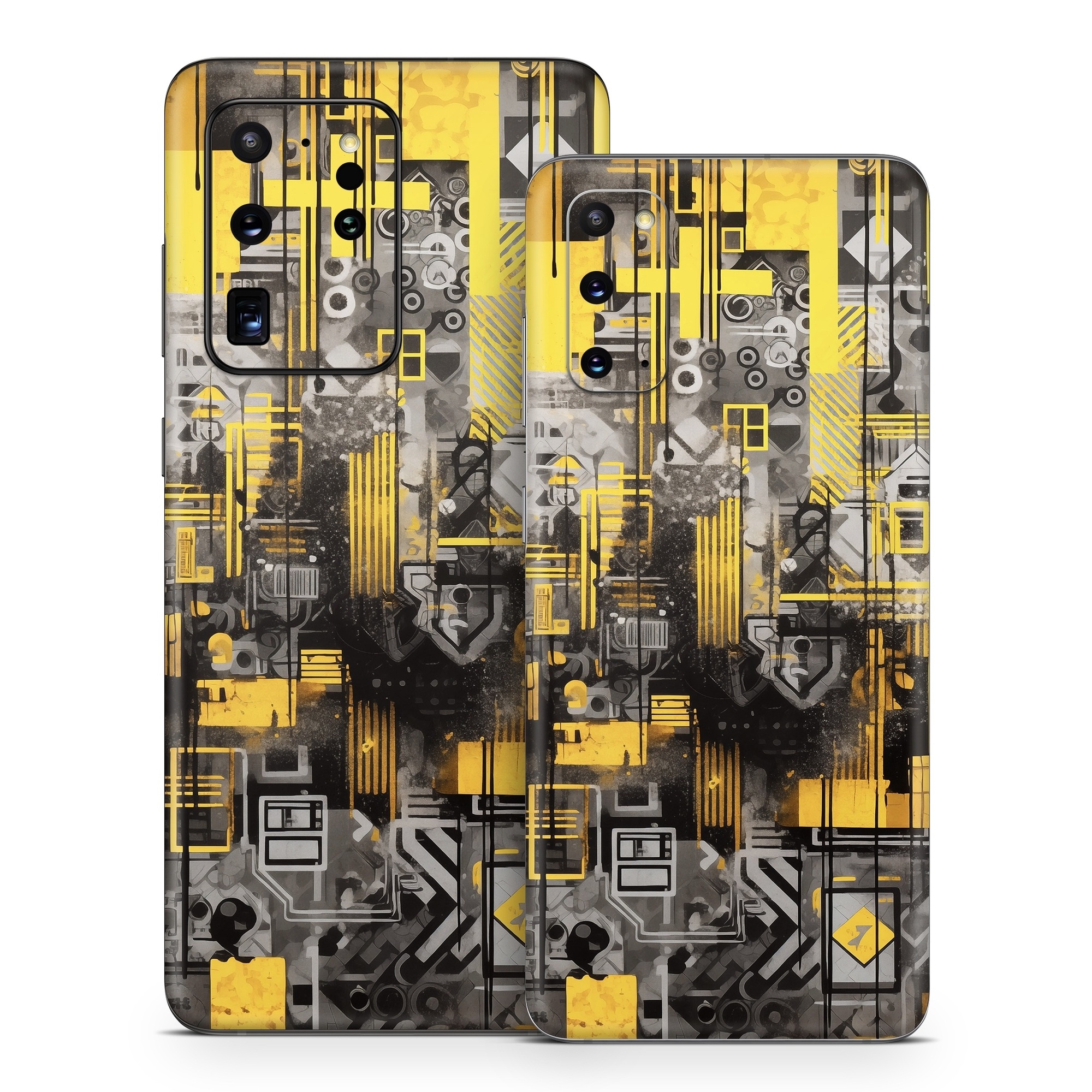 Samsung Galaxy S20 Series Skin design of Rectangle, Yellow, Font, Art, City, Engineering, Tints and shades, Pattern, Symmetry, Space, with black, white, gray, yellow colors