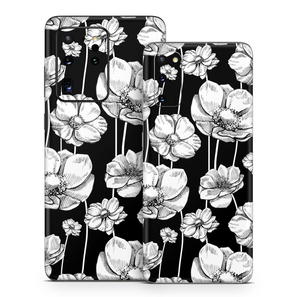 Samsung Galaxy S20 Series Skin design of Flower, Black-and-white, Plant, Botany, Petal, Design, Wildflower, Monochrome photography, Pattern, Monochrome, with black, gray, white colors