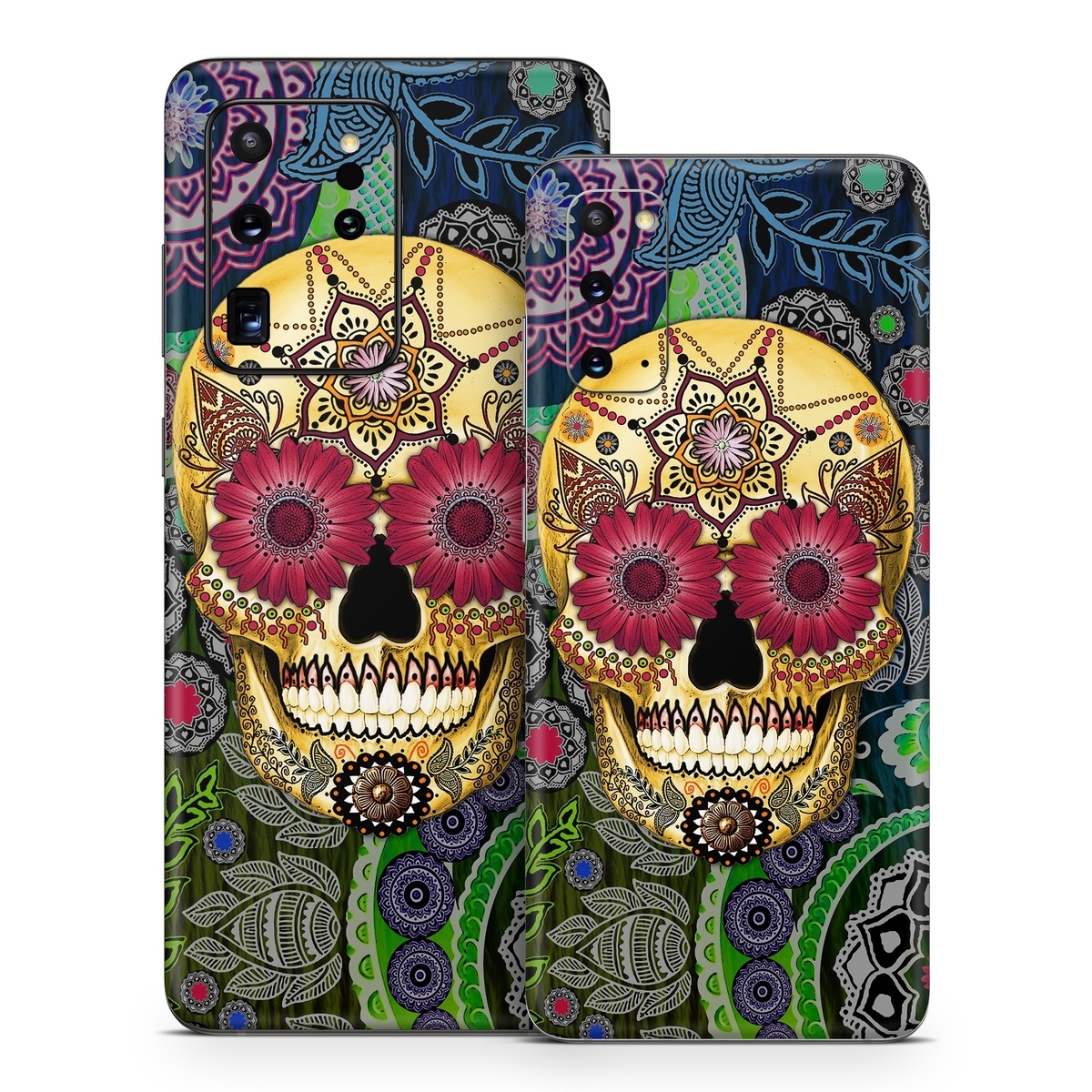 Samsung Galaxy S20 Series Skin design of Skull, Bone, Pattern, Psychedelic art, Visual arts, Design, Illustration, Art, Textile, Plant, with black, red, gray, green, blue colors