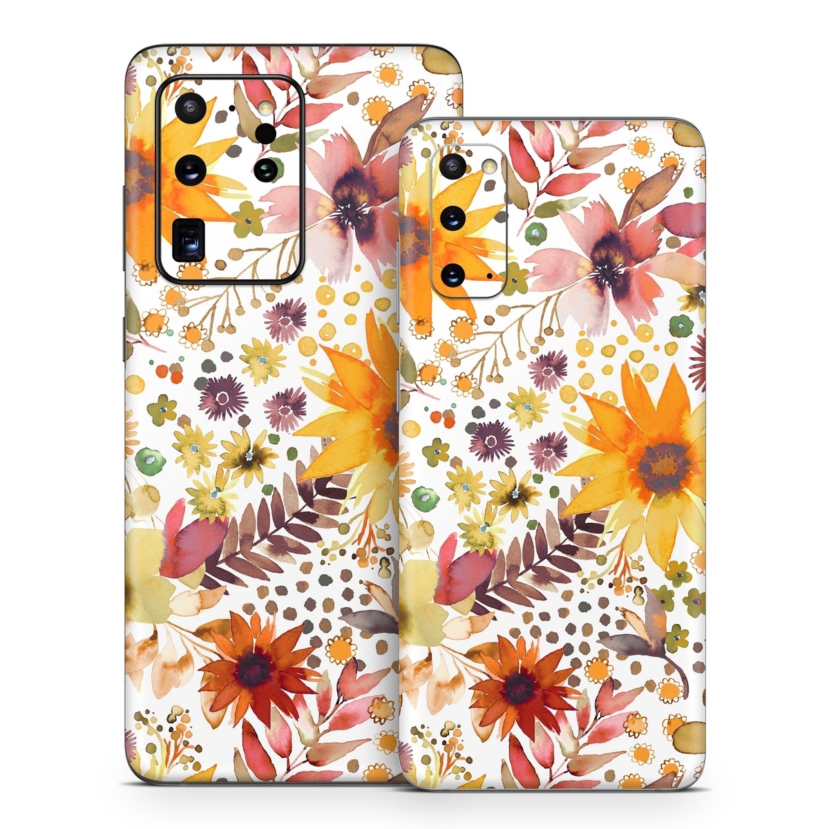 Samsung Galaxy S20 Series Skin design of Flower, Plant, Petal, Botany, Textile, Orange, Line, Groundcover, Creative arts, Flowering plant, with white, yellow, pink, green, brown, orange colors