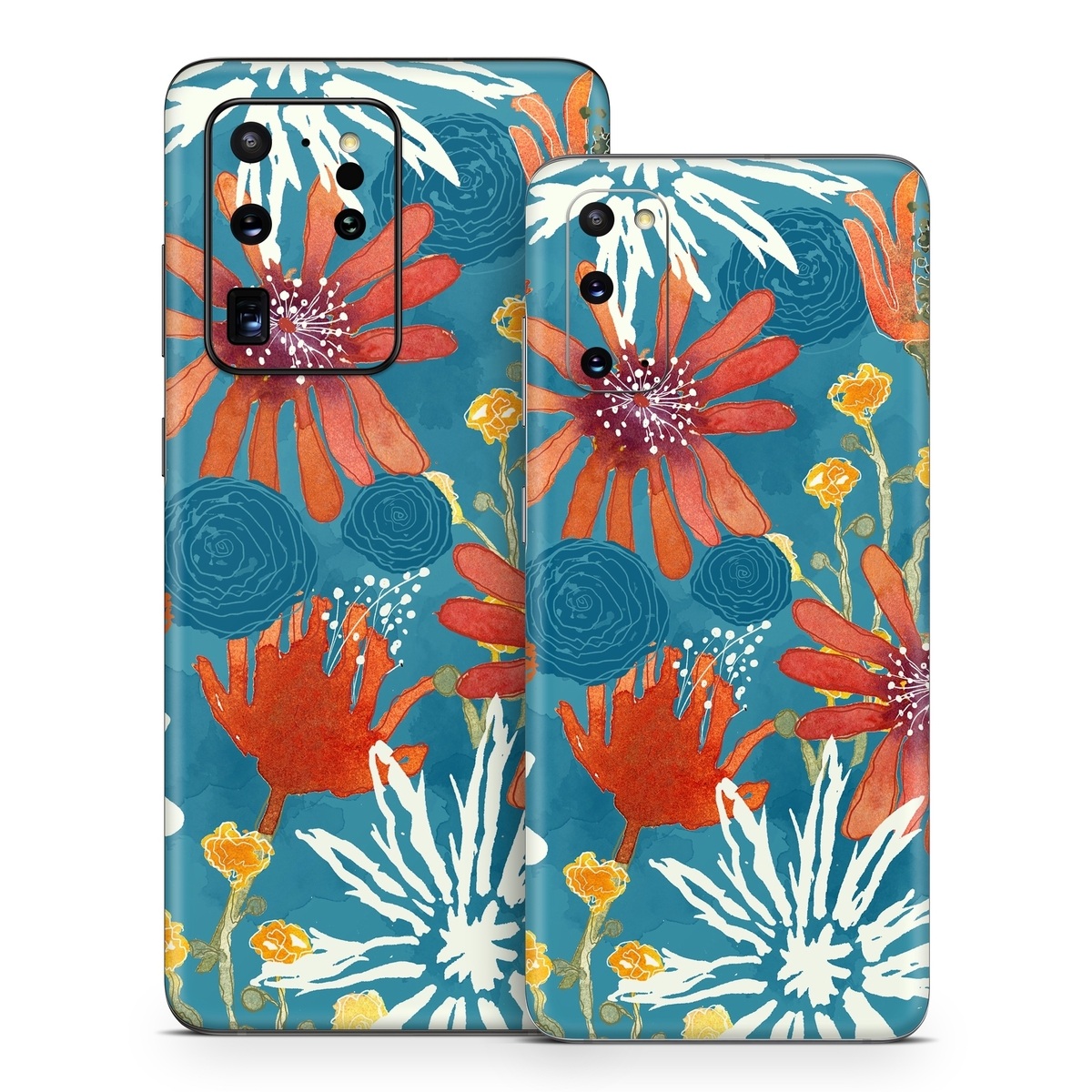 Samsung Galaxy S20 Series Skin design of Pattern, Visual arts, Wrapping paper, Design, Wildflower, Floral design, Textile, Flower, Plant, Motif, with blue, red, gray, yellow, green colors