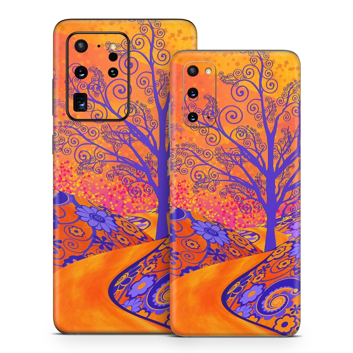 Samsung Galaxy S20 Series Skin design of Blue, Orange, Art, Acrylic paint, Modern art, Pattern, Visual arts, Painting, Majorelle blue, Psychedelic art, with orange, yellow, red, purple colors