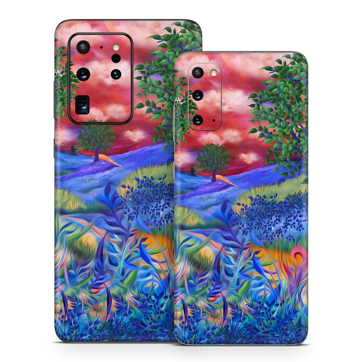 Samsung Galaxy S20 Series Skin design of Art paint, Plant, Plant community, Paint, Natural landscape, People in nature, Vegetation, Grass, Art, Painting, with blue, red, green, orange, yellow, pink, white colors