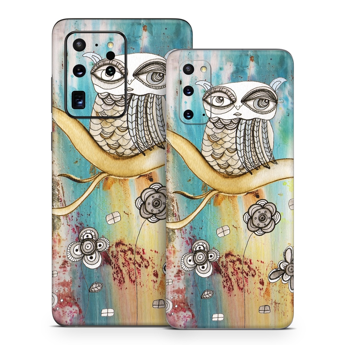 Samsung Galaxy S20 Series Skin design of Owl, Pink, Illustration, Art, Visual arts, Watercolor paint, Organism, Modern art, Graphic design, Pattern, with gray, red, green, black, blue, purple colors