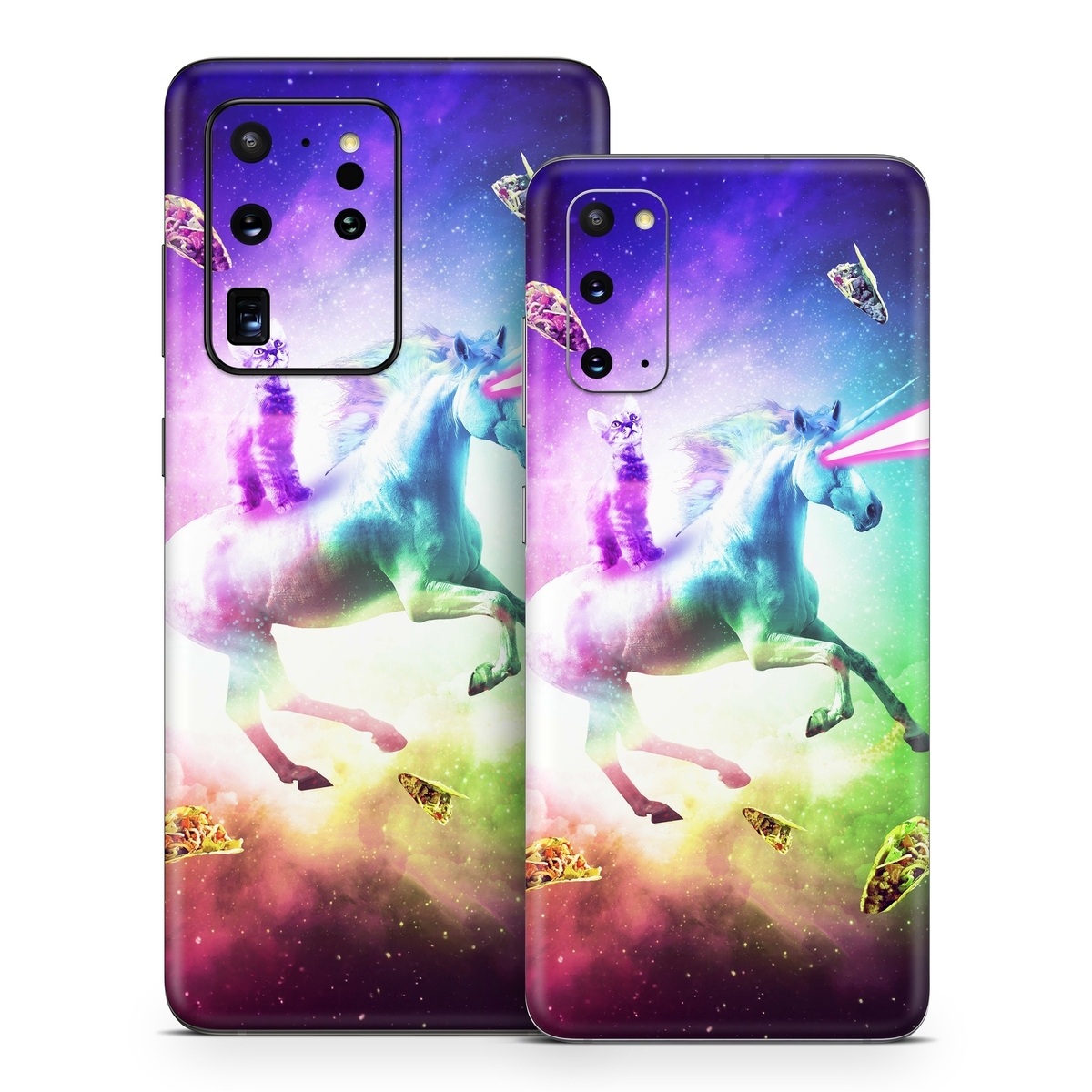 Samsung Galaxy S20 Series Skin design of Fictional character, Illustration, Unicorn, Graphic design, Sky, Space, Mythical creature, Cg artwork, Art, Mythology, with black, white, blue, green, purple, pink, red colors