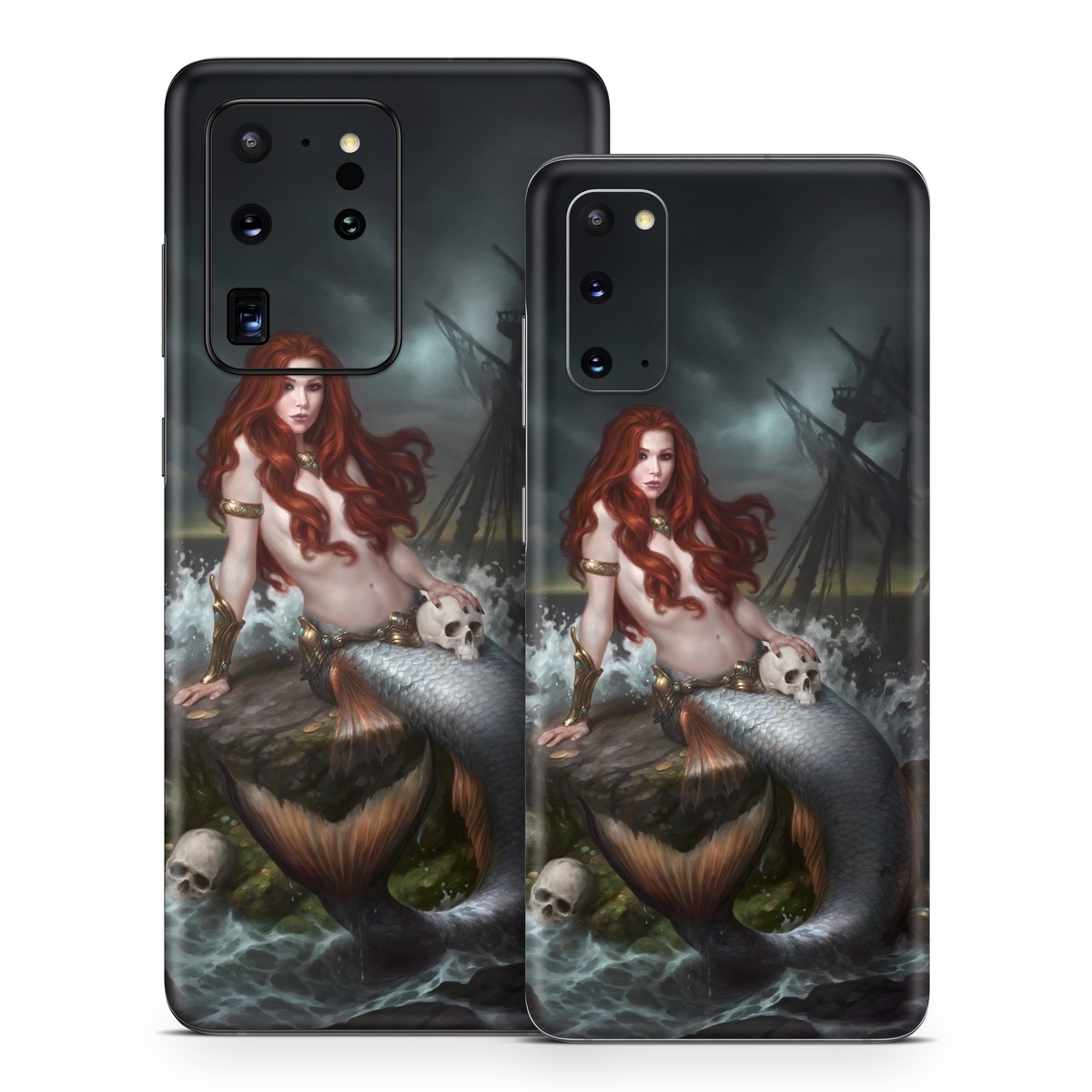 Samsung Galaxy S20 Series Skin design of Mermaid, Cg artwork, Illustration, Fictional character, Mythology, Mythical creature, Art, Long hair, Woman warrior, Sitting, with black, brown, red, yellow, white, gray colors