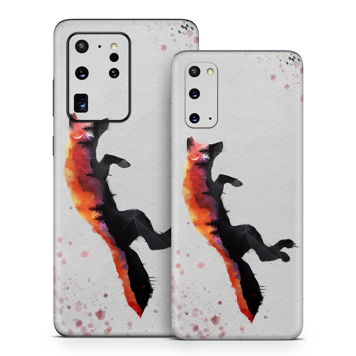 Samsung Galaxy S20 Series Skin design of Illustration, Watercolor paint, Art, Graphic design, Painting, Red fox, Visual arts, Paint, Drawing, Tail, with gray, black, red, yellow, orange, white colors