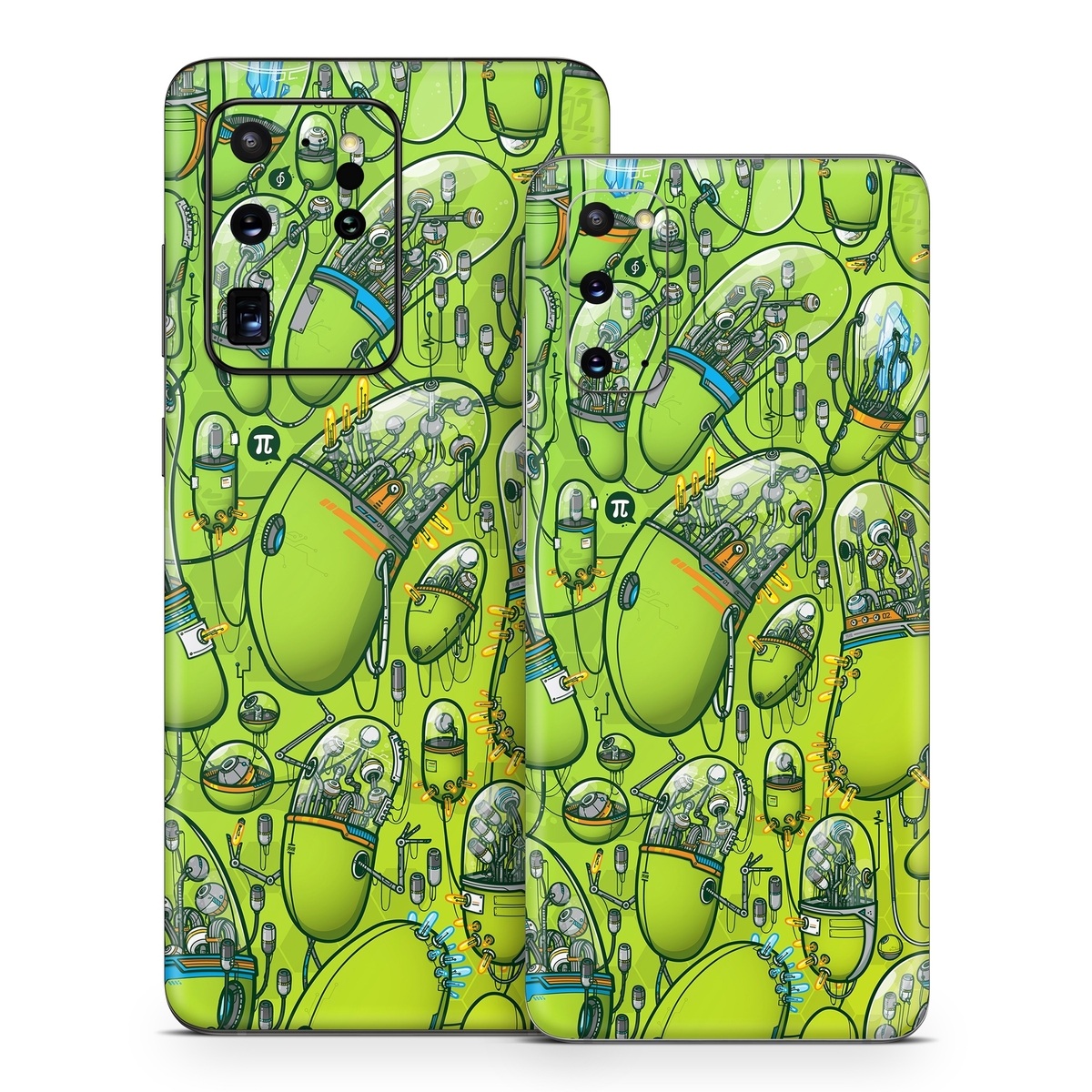 Samsung Galaxy S20 Series Skin design of Green, Pattern, Yellow, Design, Illustration, Plant, Art, Graphic design, Urban design, with green, blue, gray, yellow, orange colors