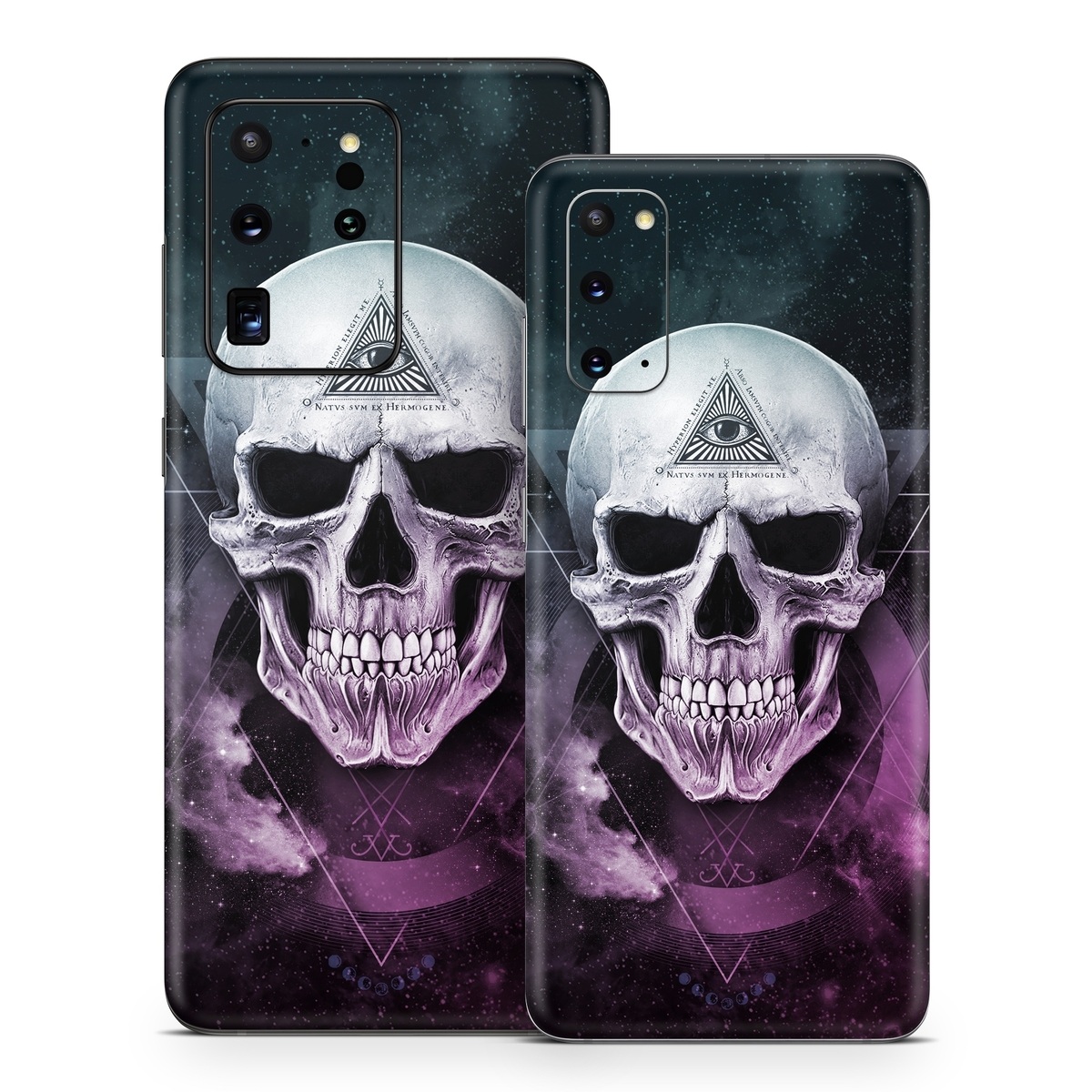 Samsung Galaxy S20 Series Skin design of Skull, Bone, Illustration, Font, Jaw, Fictional character, Graphic design, Graphics, Art, with black, white, gray, purple colors
