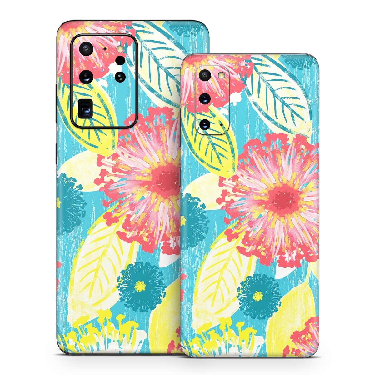 Samsung Galaxy S20 Series Skin design of Pattern, Design, Flower, Floral design, Plant, Textile, Wrapping paper, Wildflower, Visual arts, with pink, gray, blue, yellow colors