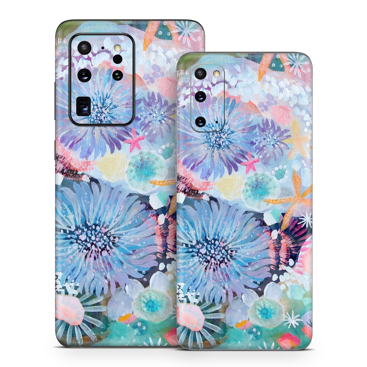 Samsung Galaxy S20 Series Skin design of Pattern, Aqua, Textile, Design, Watercolor paint, Visual arts, Flower, Art, Plant, Illustration, with blue, orange, pink, purple, green, white colors