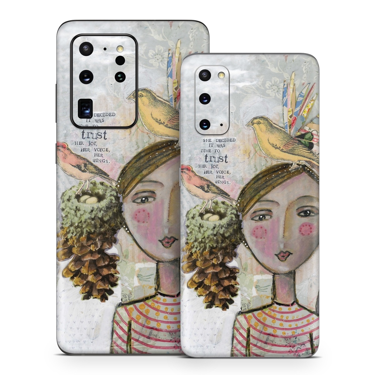 Samsung Galaxy S20 Series Skin design of Watercolor paint, Illustration, Art, Painting, Child art, Fictional character, Visual arts, Fashion illustration, Feather, Drawing, with gray, brown, pink, yellow, red, green, blue colors