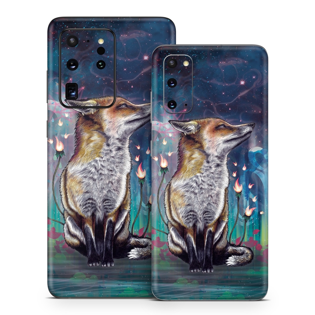 Samsung Galaxy S20 Series Skin design of Red fox, Art, Wildlife, Canidae, Illustration, Fox, Carnivore, Painting, Dhole, Red wolf, with black, gray, blue, red, green colors
