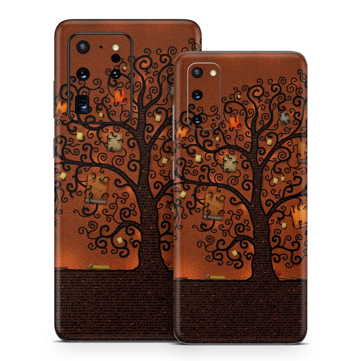 Samsung Galaxy S20 Series Skin design of Tree, Brown, Leaf, Plant, Woody plant, Branch, Visual arts, Font, Pattern, Art, with black colors