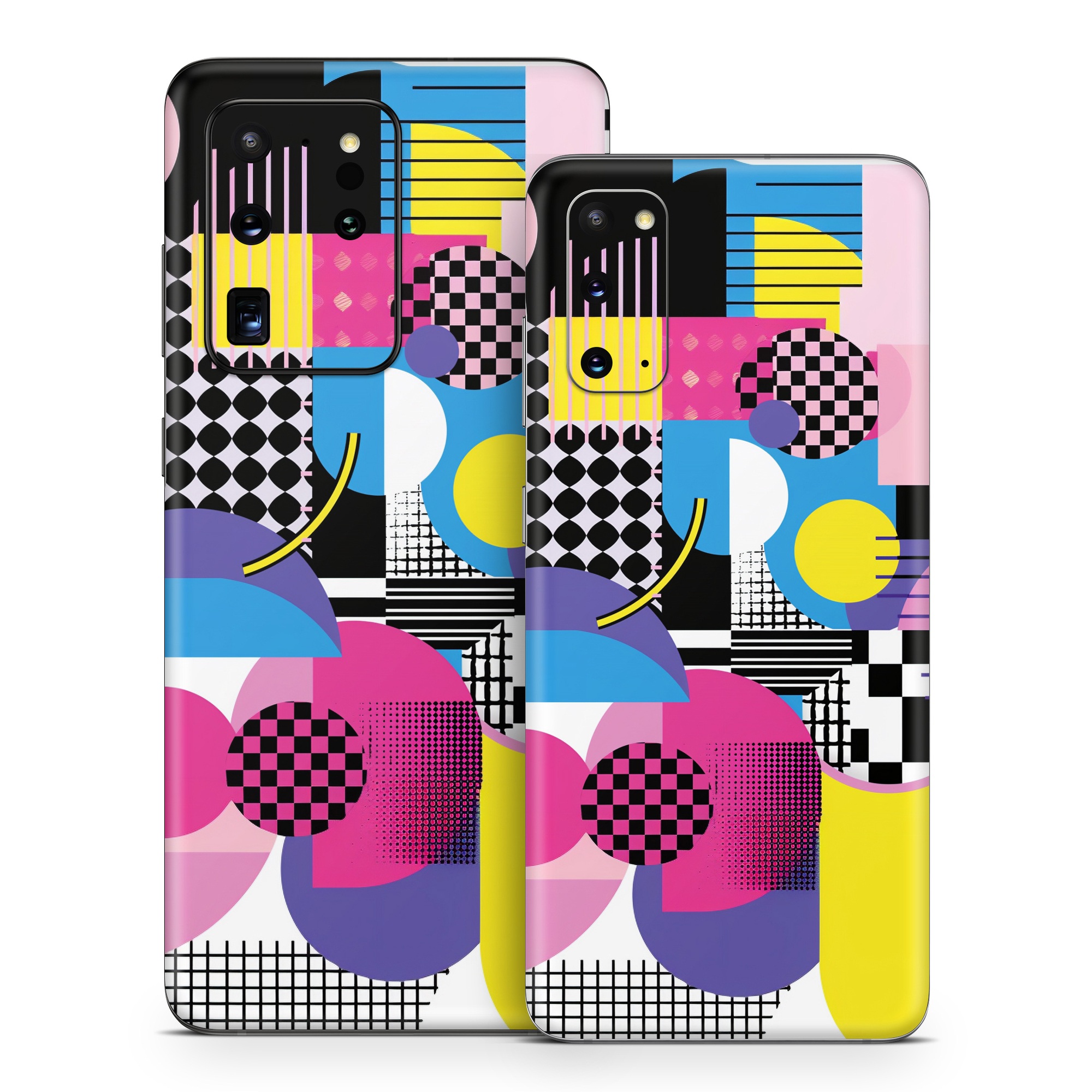Samsung Galaxy S20 Series Skin design of Rectangle, Textile, Art, Font, Line, Material property, Magenta, Pattern, Circle, Tints and shades, with pink, yellow, white, black, purple, blue colors