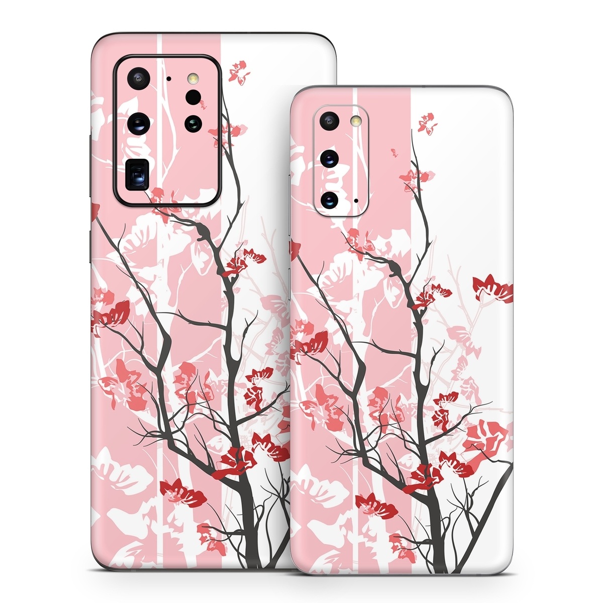 Samsung Galaxy S20 Series Skin design of Branch, Red, Flower, Plant, Tree, Twig, Blossom, Botany, Pink, Spring, with white, pink, gray, red, black colors