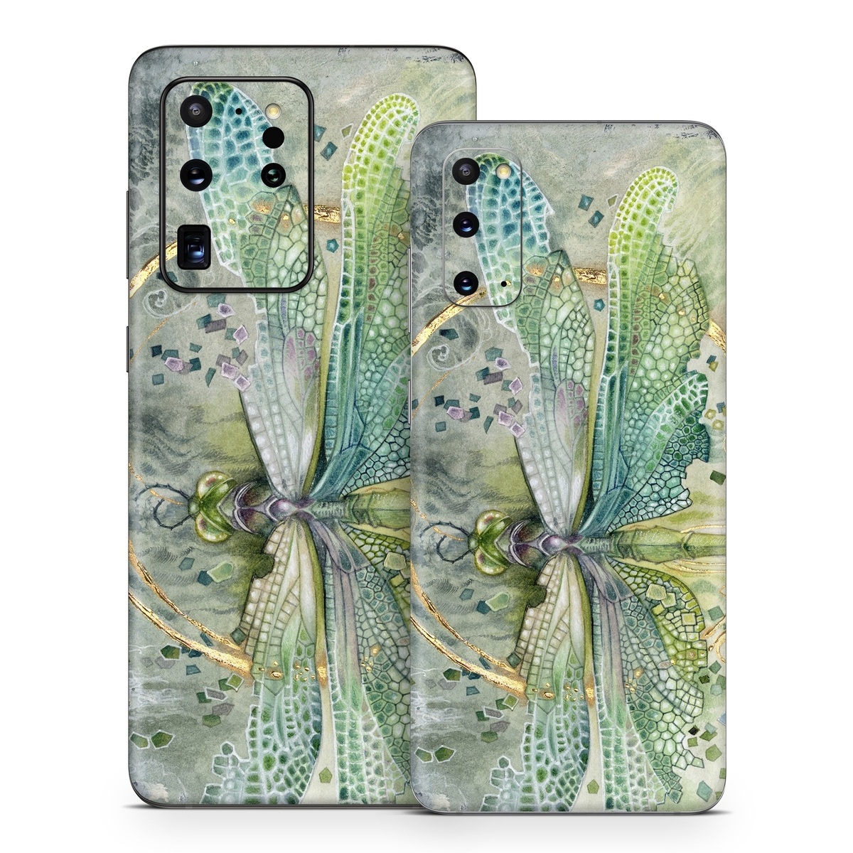 Samsung Galaxy S20 Series Skin design of Green, Painting, Watercolor paint, Water, Acrylic paint, Leaf, Visual arts, Plant, Art, Photography, with green, yellow, blue, gray colors