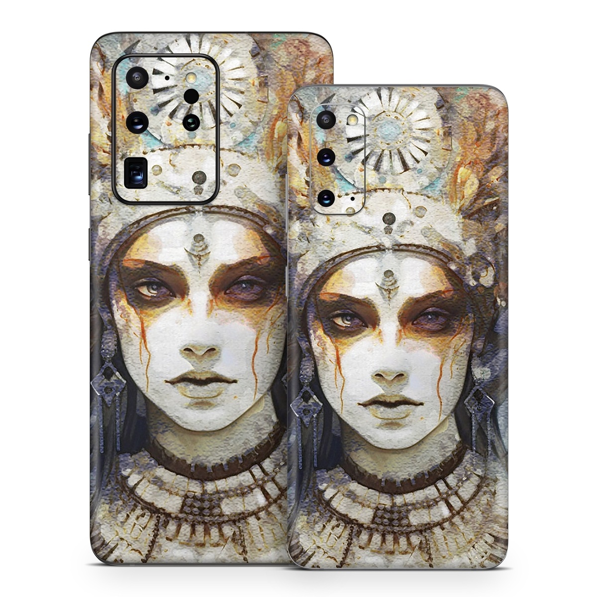 Samsung Galaxy S20 Series Skin design of Eye, Paint, Eyelash, Painting, Art, Headpiece, Beauty, Feather, Illustration, Mask, with white, black, yellow, brown, gray, blue colors