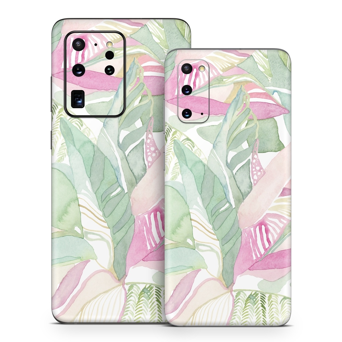 Samsung Galaxy S20 Series Skin design of Pink, Leaf, Botany, Pattern, Plant, Flower, Illustration, with white, green, pink, orange colors