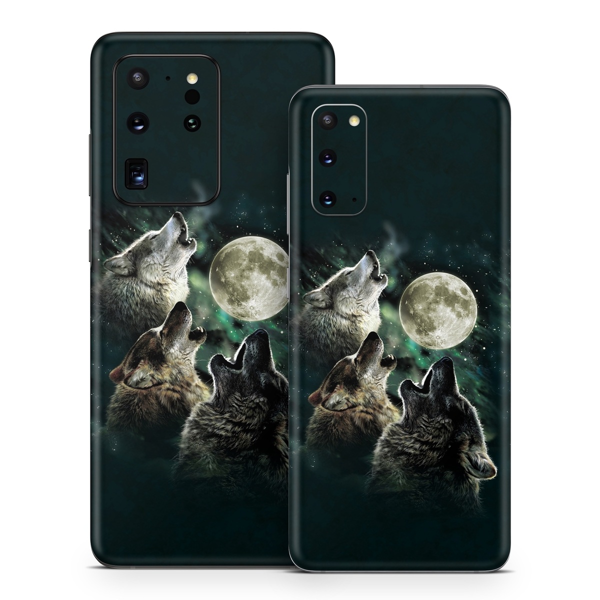 Samsung Galaxy S20 Series Skin design of Wolf, Light, Astronomical object, Moon, Wildlife, Organism, Moonlight, Sky, Atmosphere, Celestial event, with black, gray, green colors