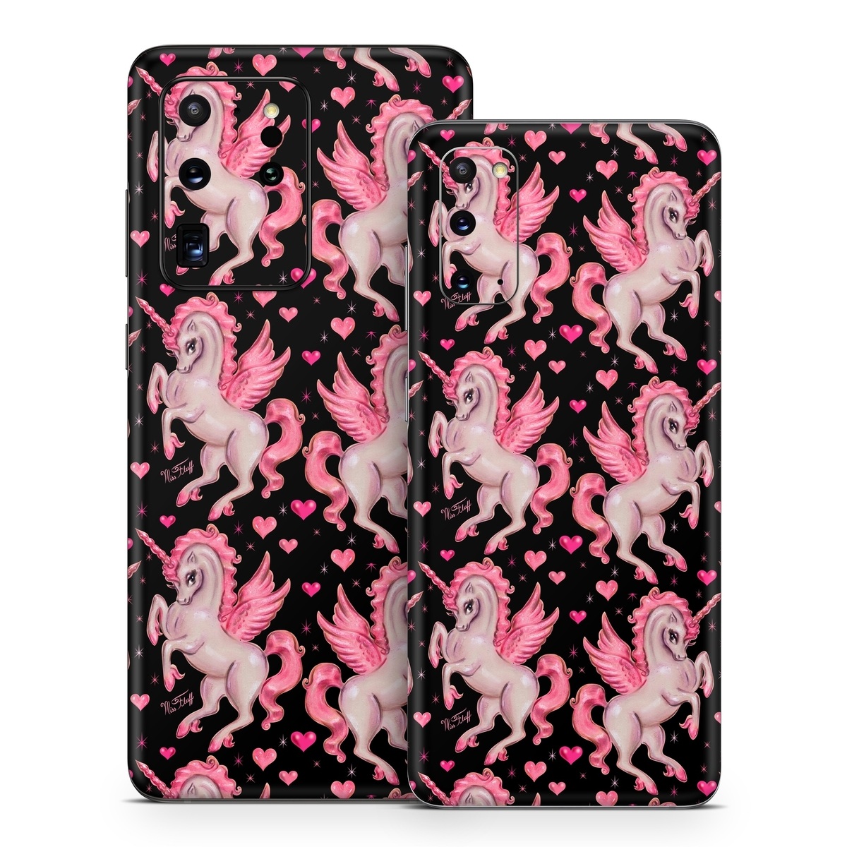 Samsung Galaxy S20 Series Skin design of Pink, Pattern, Fictional character, Design, Illustration, Font, Unicorn, Graphic design, Mythical creature, Art, with black, pink colors