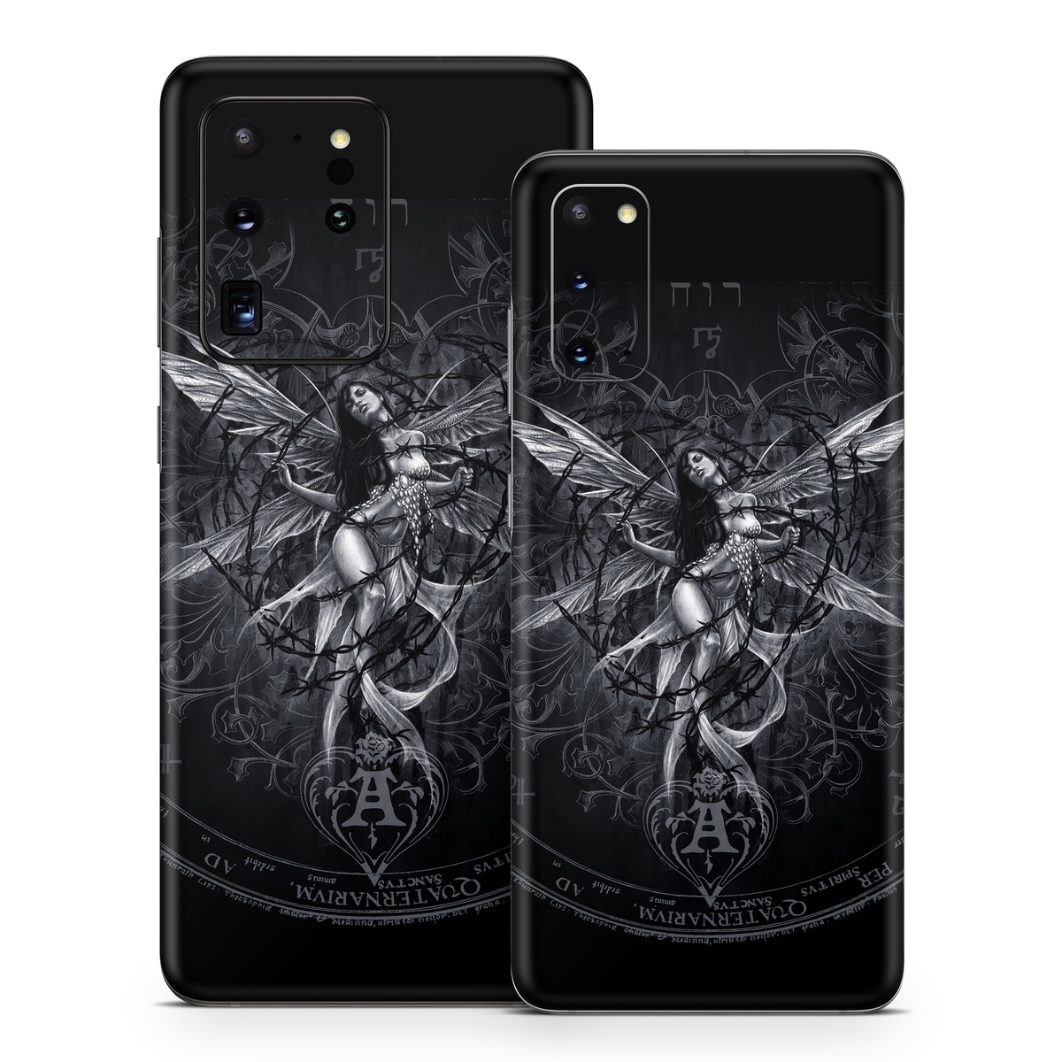 Samsung Galaxy S20 Series Skin design of Illustration, Graphic design, Darkness, Fictional character, Black-and-white, Pattern, Graphics, Mythical creature, Circle, Wing, with black, white colors