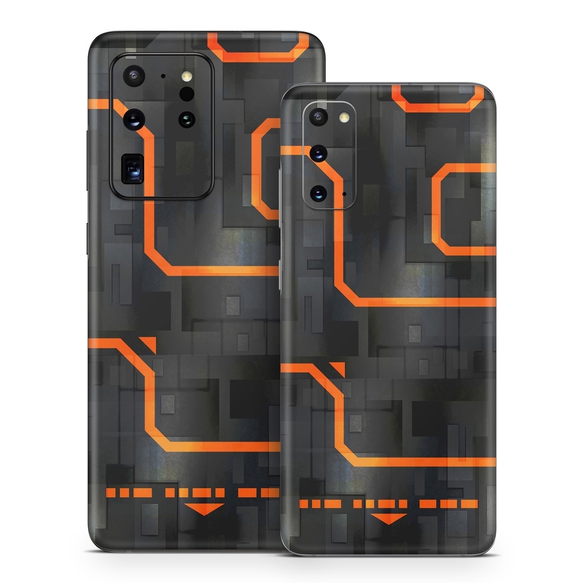 Samsung Galaxy S20 Series Skin design of Orange, Font, Parallel, Pattern, Graphics, Rectangle, Logo, Brand, Graphic design, Event, with black, orange colors