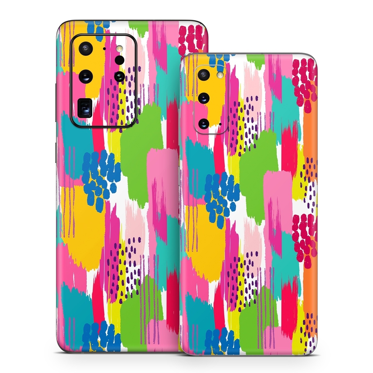 Samsung Galaxy S20 Series Skin design of Colorfulness, Textile, Rectangle, Font, Line, Painting, Art, Magenta, Material property, Pattern, with white, pink, yellow, orange, blue, red colors