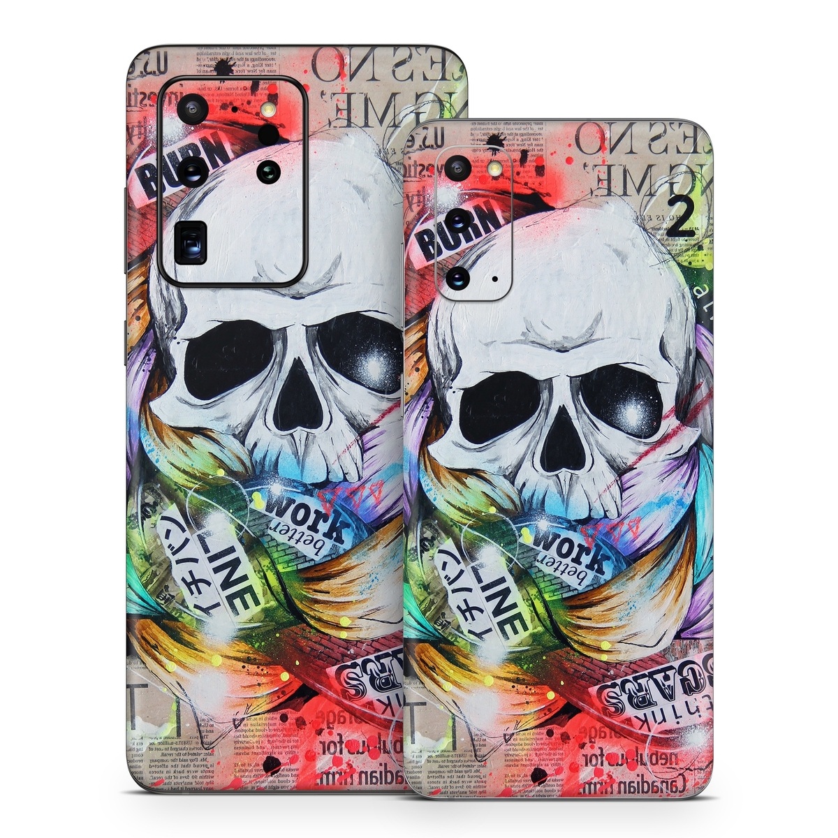 Samsung Galaxy S20 Series Skin design of Street art, Text, Graphic design, Font, Illustration, Art, Graffiti, Skull, Poster, Advertising, with gray, black, red, green, blue colors