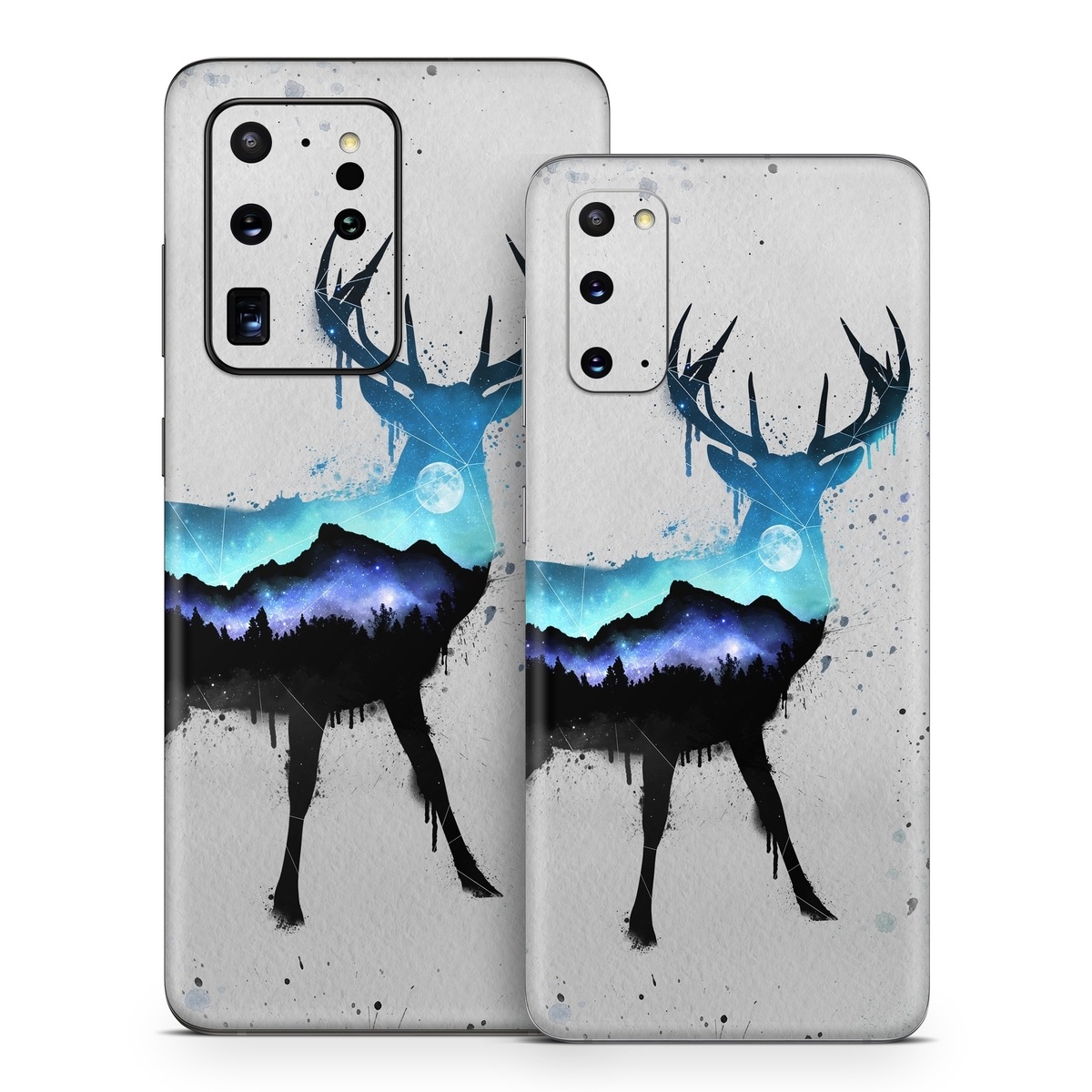 Samsung Galaxy S20 Series Skin design of Reindeer, Deer, Illustration, Watercolor paint, Art, Elk, Wildlife, Drawing, Paint, Graphics, with gray, black, blue, purple, white colors