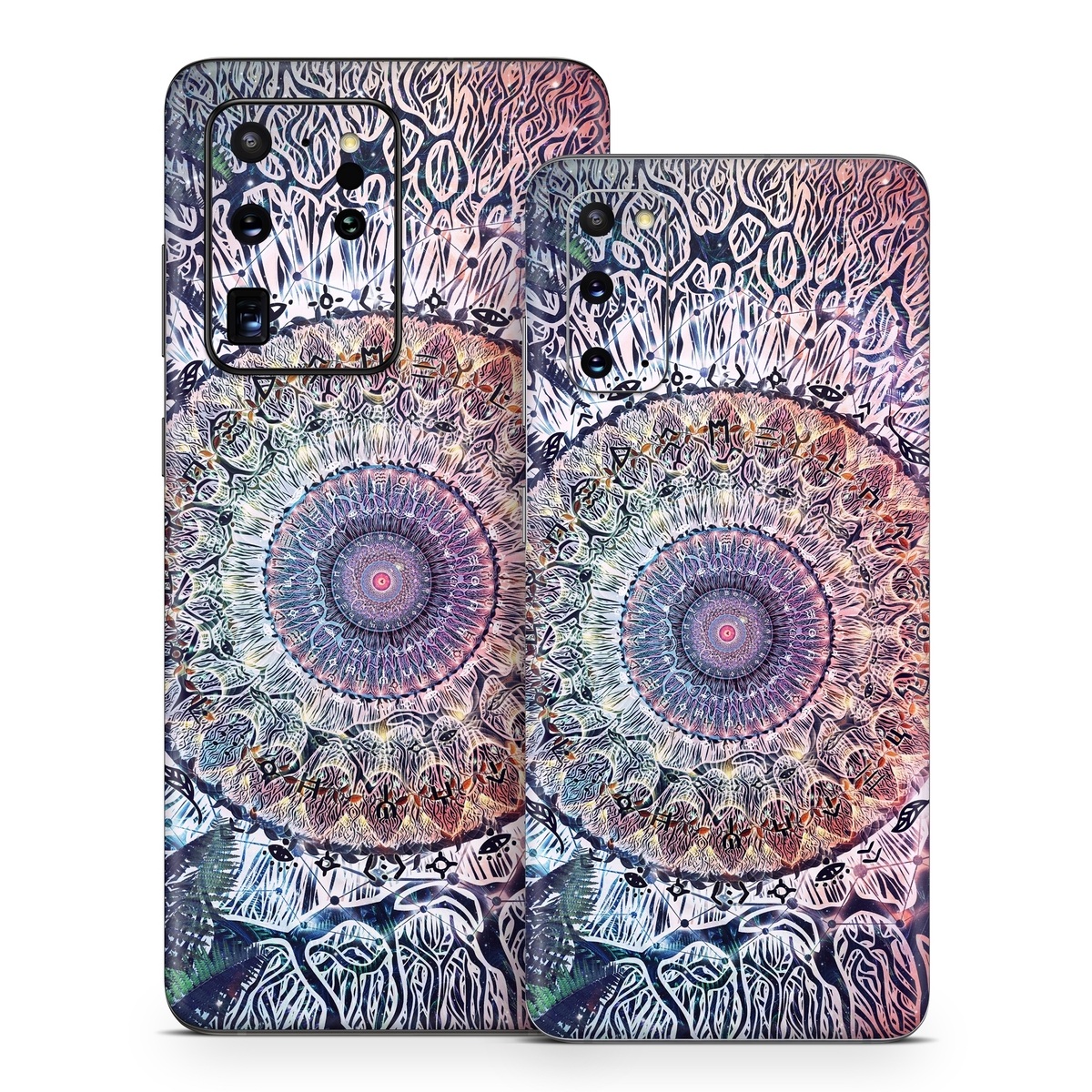 Samsung Galaxy S20 Series Skin design of Tapestry, Pattern, Art, Close-up, Circle, Fractal art, Textile, Eye, Design, Kaleidoscope, with blue, red, yellow, purple, green colors