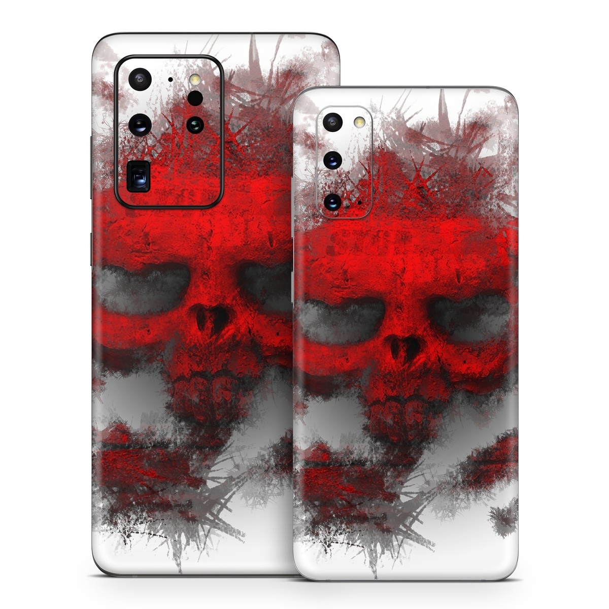 Samsung Galaxy S20 Series Skin design of Red, Graphic design, Skull, Illustration, Bone, Graphics, Art, Fictional character, with red, gray, black, white colors