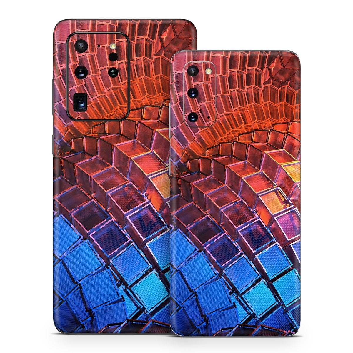 Samsung Galaxy S20 Series Skin design of Blue, Red, Orange, Light, Pattern, Architecture, Design, Fractal art, Colorfulness, Psychedelic art, with black, red, blue, purple, gray colors