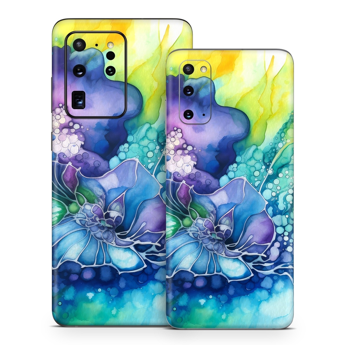 Samsung Galaxy S20 Series Skin design of Flower, Plant, Art paint, Petal, Blue, Azure, Purple, Art, Paint, Painting, with blue, yellow, green, purple, white, orange colors