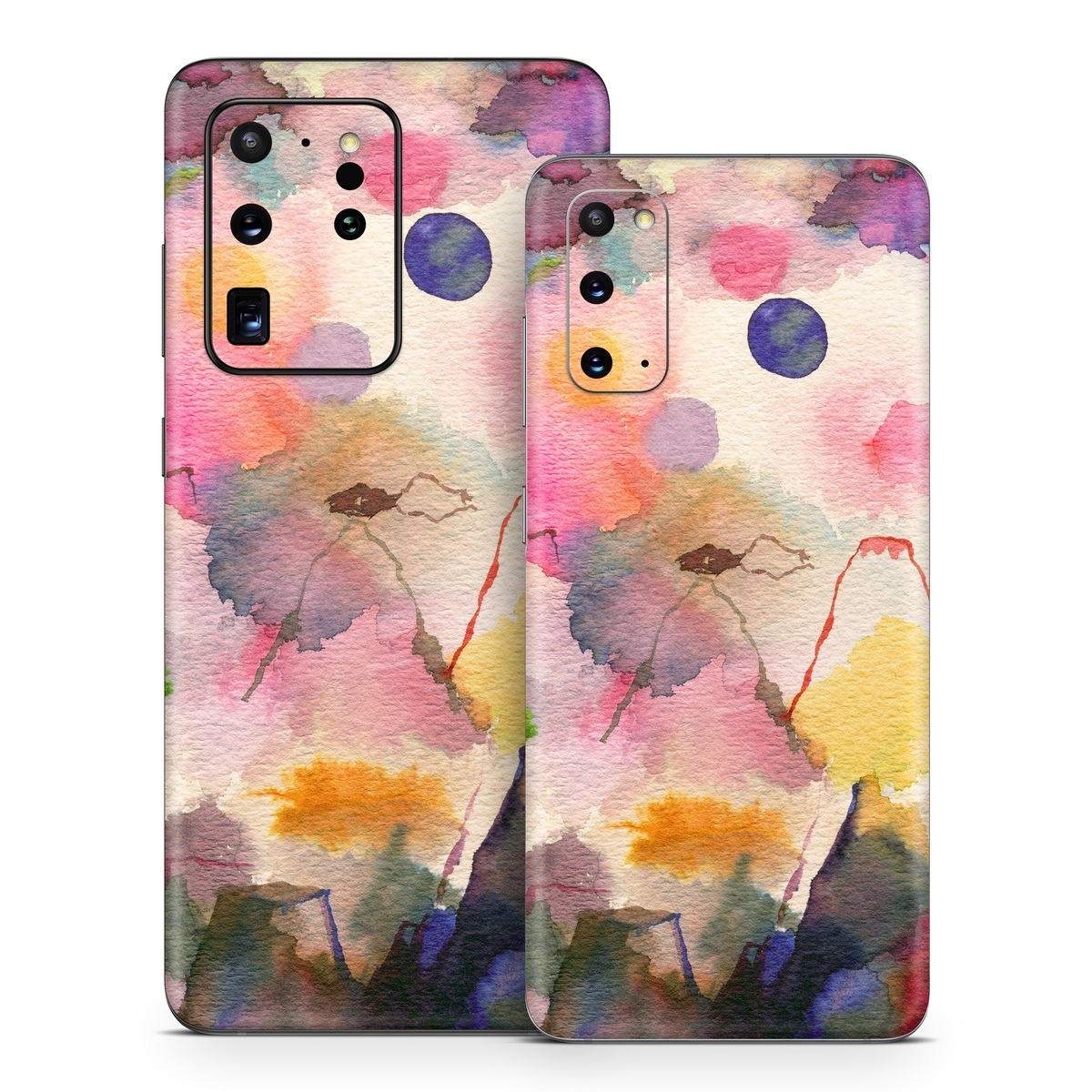 Samsung Galaxy S20 Series Skin design of Watercolor paint, Flower, Textile, Painting, Art, Plant, Pattern, Visual arts, Floral design, Paint, with white, pink, red, yellow, green, blue, black, orange colors