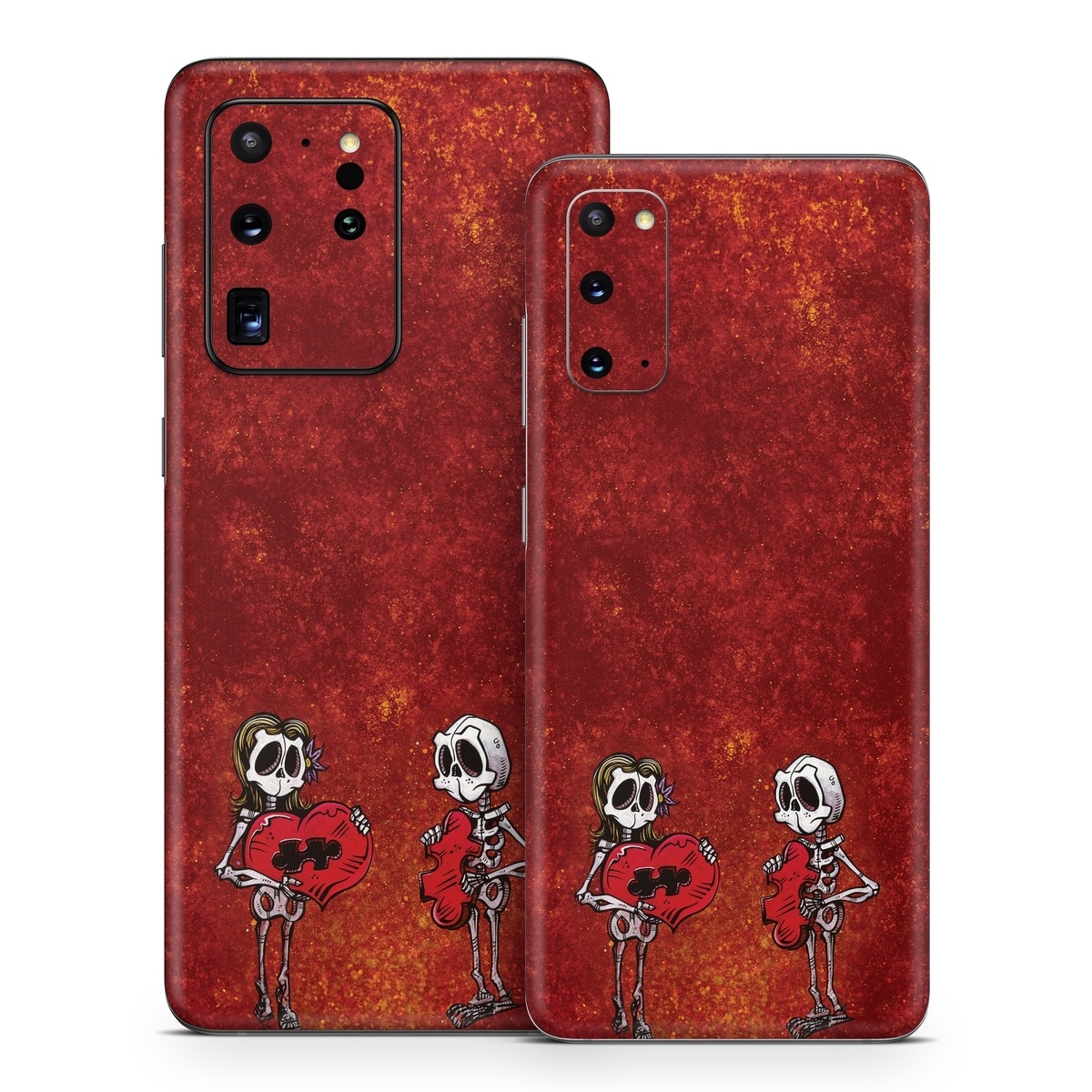 Samsung Galaxy S20 Series Skin design of Font, Tints and shades, Bone, Art, Skull, Pattern, Creative arts, Carmine, Visual arts, Rectangle, with white, black, gray, brown, red, yellow, orange colors