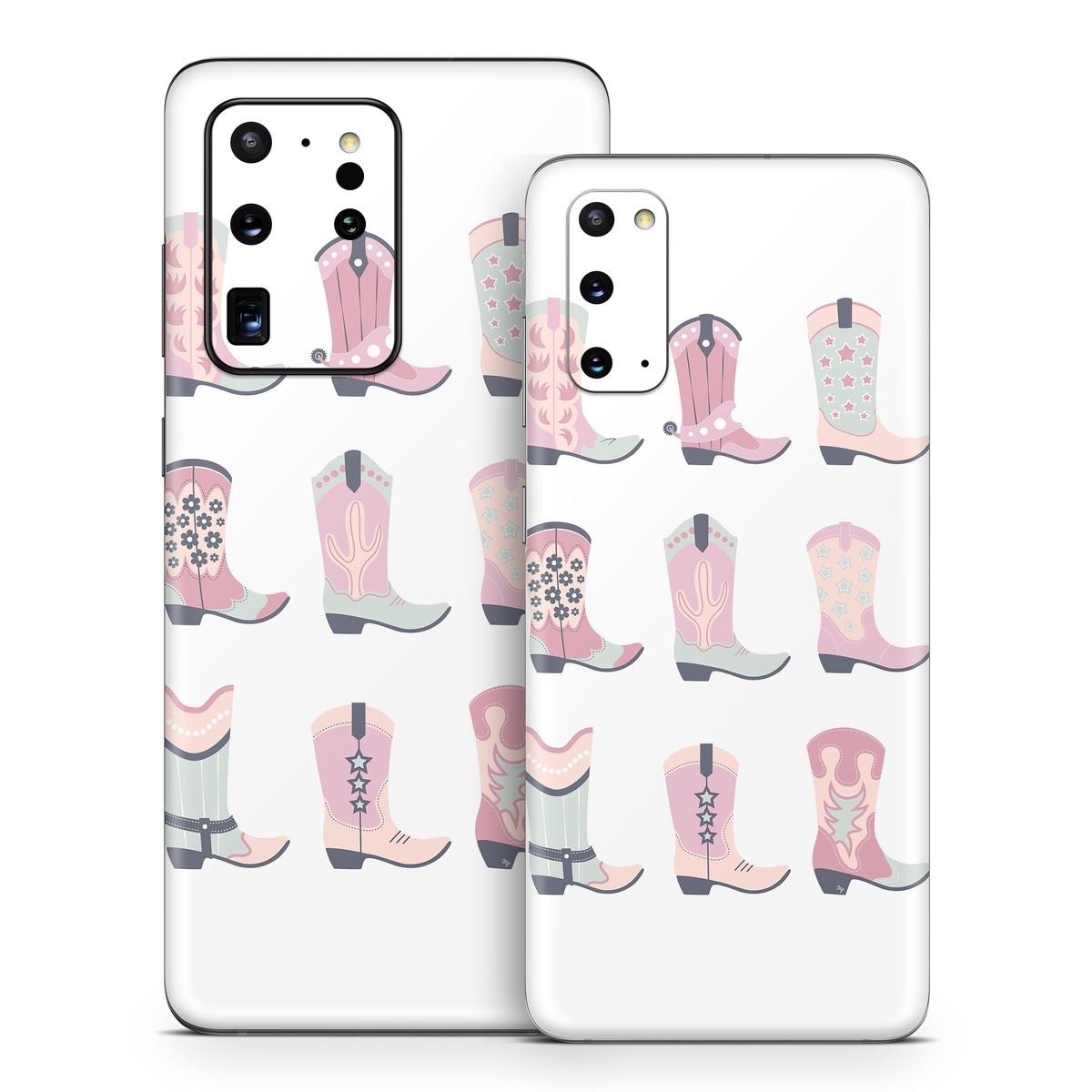 Samsung Galaxy S20 Series Skin design of Footwear, Shoe, White, Durango boot, Product, Fashion, Textile, Pink, Font, Red, with pink, white, blue, brown colors