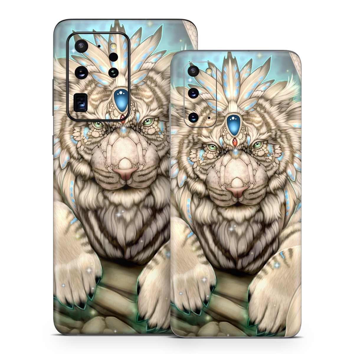 Samsung Galaxy S20 Series Skin design of Mythical creature, Sleeve, Textile, Gesture, Felidae, Tattoo, Big cats, Font, Temporary tattoo, Painting, with white, blue, black, gray colors