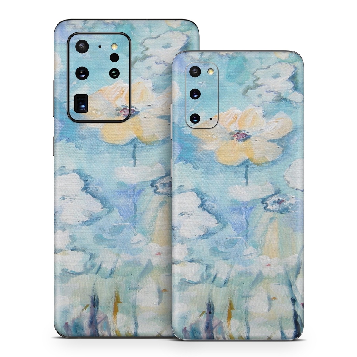 Samsung Galaxy S20 Series Skin design of Blue, Watercolor paint, Painting, Flower, Plant, Art, Acrylic paint, Wildflower, Visual arts, Floral design, with gray, blue colors