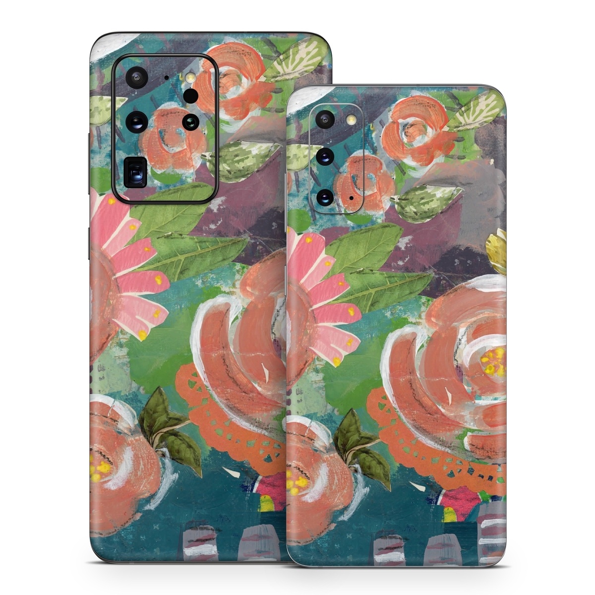 Samsung Galaxy S20 Series Skin design of Painting, Watercolor paint, Still life, Child art, Art, Illustration, Acrylic paint, Flower, Visual arts, Textile, with green, pink, red, yellow, blue, white, black, gray colors