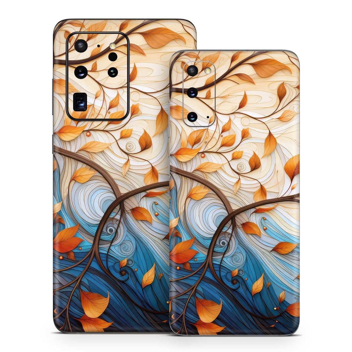 Samsung Galaxy S20 Series Skin design of Dishware, Orange, Textile, Sleeve, Serveware, Petal, Pattern, Porcelain, Electric blue, Art, with yellow, orange, red, white, blue, brown colors